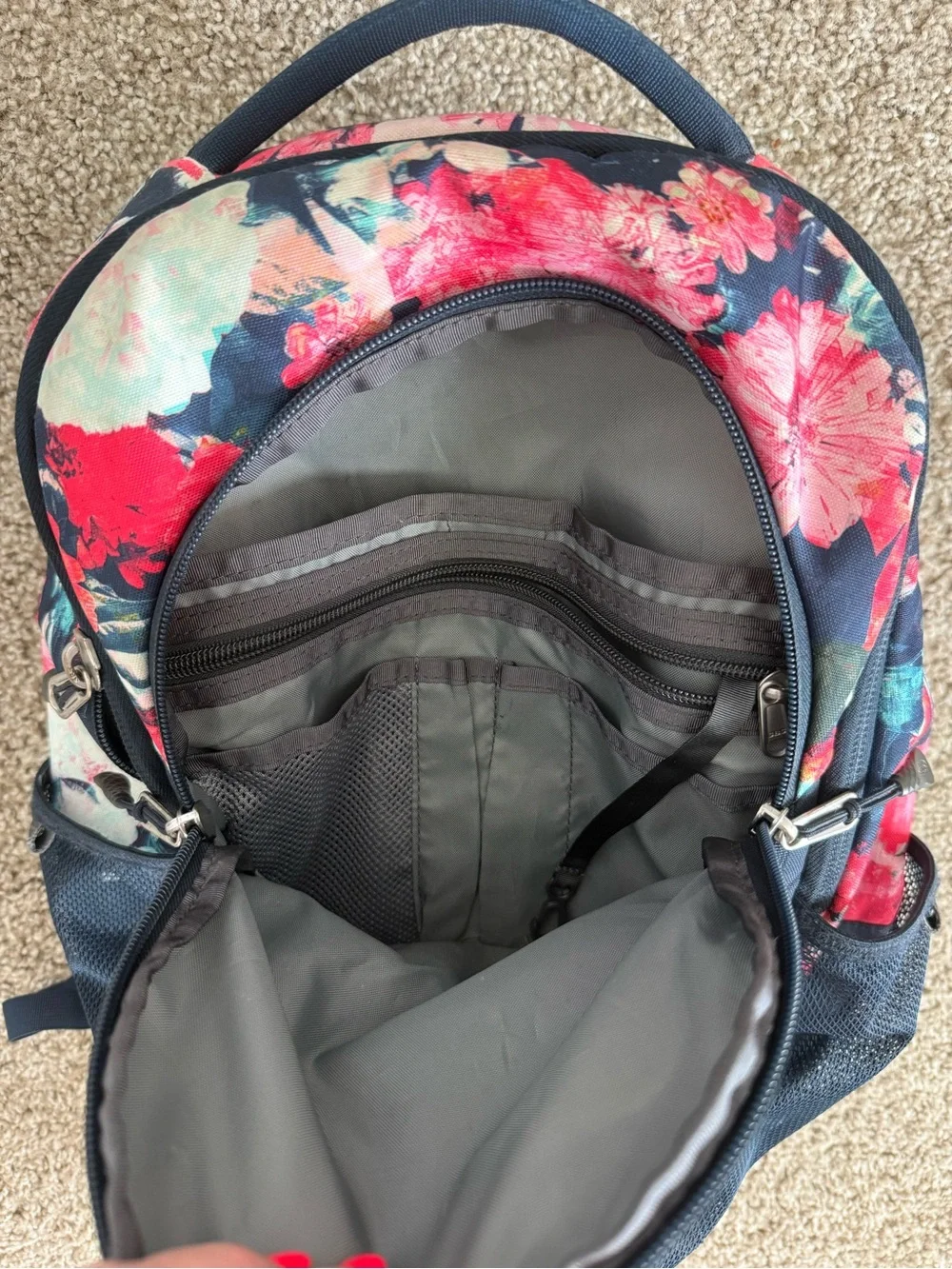The North Face Navy Backpack with Pink Floral Top